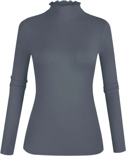 Vista 17 de POPZONE - Camiseta de manga larga con cuello alto falso, ajustada, de punto acanalado con ribete de lechuga para mujer