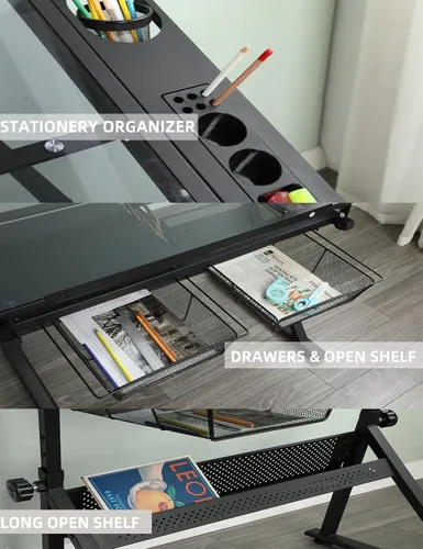 Vista 5 de Mesa de dibujo con taburete, mesa de dibujo multifuncional ajustable en Negro