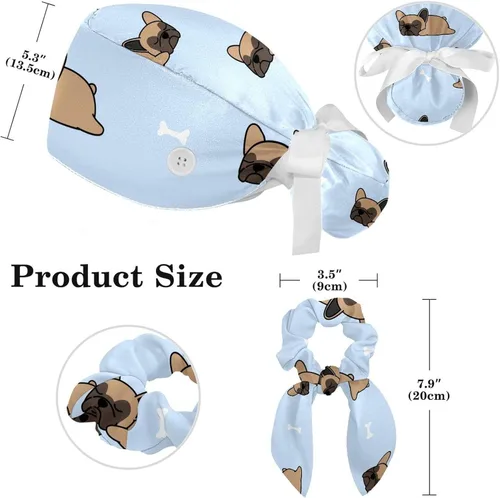 Vista 2 de Gorro de trabajo + gorro de amarre para el cabello, gorro de atadura con banda para el sudor, gorro de uniforme médico Bulldog francés para cachorros