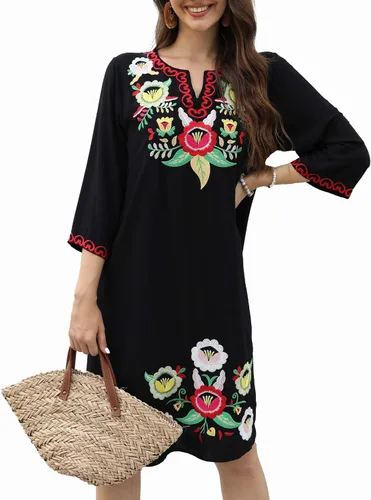 Vista 5 de Vestido bordado mexicano para mujer, vestidos bordados florales para mujer, estilo bohemio, campesino, manga 34, vestido de fiesta, falda casual