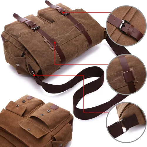 Vista 4 de Bolsa de mensajero de lona militar, bolsa de hombro para laptap para hombres, bolsa de trabajo cruzada, bolsa de negocios casual