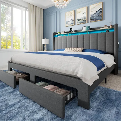Vista 13 de Allewie - Marco de cama vertical tapizado con plataforma de tamaño matrimonial, con cabecera con almacenamiento de 2 niveles y luces LED, 2 cajones