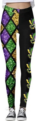 Vista 4 de Traje de Mardi Gras para mujer, leggings de Mardi Gras, con lentejuelas, bloque de color, gráfico, carnaval, festival, fiesta, pantalones de yoga
