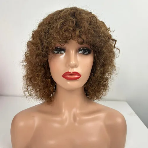 Vista 2 de Peluca de cabello humano corto rizado degradado con flequillo, peluca rizada sin pegamento Wear and Go None Lace Wigs for Black Women Human Hair