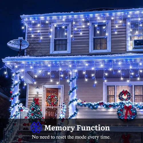 Vista 6 de Luces de carámbano azules y blancas para exteriores, tira de 400 luces LED de 33 pies para interiores, 8 modos conectables, luz de Navidad de Azul