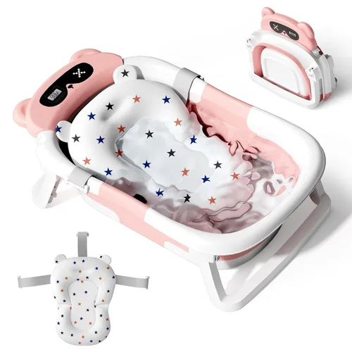 Vista 11 de Bañera para bebé, bañera plegable para recién nacidos a niños pequeños (0-18 meses), bañera plegable para viajar con termómetro, cojín suave, azul