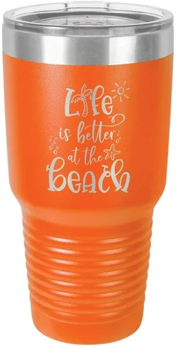 Vista 21 de La vida es mejor en la playa, vaso grabado de 76 ml con paja y tapa superior deslizante de acero inoxidable taza de viaje de acero inoxidable