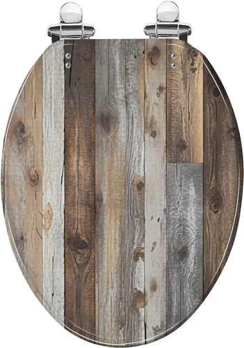 Vista 20 de Asiento de inodoro alargado con textura de tablón de madera blanca envejecida, asiento de inodoro de resina con encanto rústico con bisagras