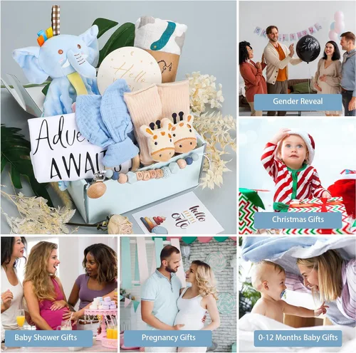 Vista 2 de Cesta de regalo para recién nacido para niño, juego de regalo de bienvenida a casa con manta envolvente, ropa, artículos esenciales para bebé, caja