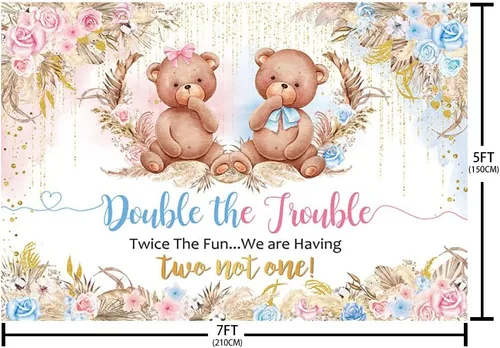 Vista 5 de AIBIIN Fondo de 7 x 5 pies, diseño de oso doble The Trouble Baby Shower It's Twins, decoración de fiesta de baby shower, dos veces la diversión