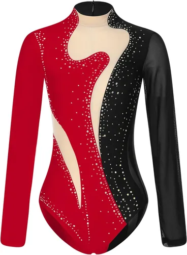 Vista 5 de Leotardo de manga larga para mujer, con diamantes de imitación, para gimnasia, ballet, danza, patinaje