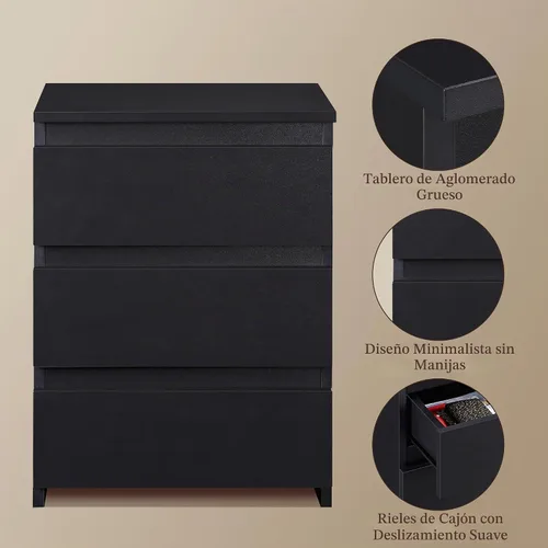 Vista 6 de Yaheetech - Mesita de noche pequeña con 3 cajones, cómoda de almacenamiento para dormitorio, color negro