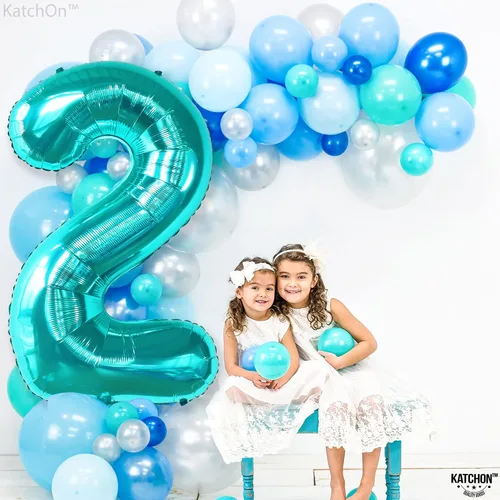 Vista 5 de Globos de construcción enormes de 40 pulgadas para decoraciones de segundo cumpleaños, globos azules Tiffany con el número 2 con globos de camión