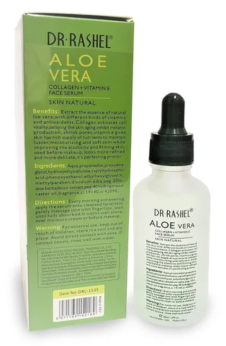 Vista 4 de Dr Rashel Aloe Vera Colágeno + Vitamina E Suero facial Antiarrugas, suaviza al instante e hidrata la piel, tamaño 1.69 onzas
