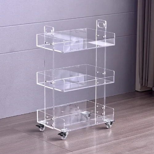 Vista 9 de Gdrasuya10 Mesa auxiliar de acrílico transparente con ruedas, mesa auxiliar de acrílico de 2 niveles, carrito de servicio rodante, mesa