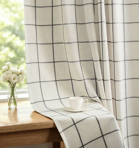 Vista 27 de DriftAway 2 paneles cortinas de lino a cuadros 100% opacas de doble capa cortinas para dormitorio de 96 pulgadas de largo estilo granja con Gris
