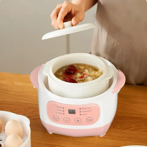 Vista 7 de Olla eléctrica para estofado, 1 litro, 200 W, temporizador de citas, olla de cocción lenta inteligente con vaporizador y hervir seco, mini olla