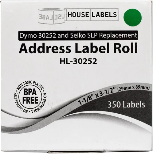 Vista 7 de HOUSELABELS DYMO 30252 - Etiquetas de dirección verdes compatibles (1-1/8 pulgadas x 3-1/2 pulgadas), adhesivo permanente fuerte, compatibles