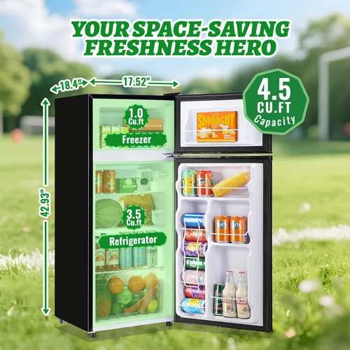Vista 7 de DEMULELR - Mini refrigerador pequeño de 4.5 pies cúbicos con congelador, mini refrigerador negro de dos puertas con cajón para verduras y espacio