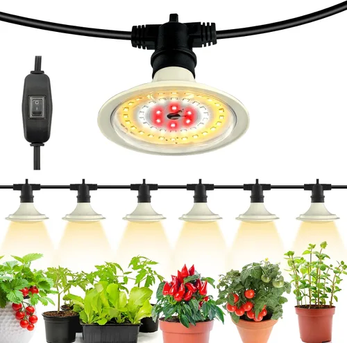 Vista 9 de Luces LED de Crecimiento para Exteriores, Luz de Crecimiento de Cadena Impermeable, Luces de Crecimiento de Plantas de Espectro Completo con Cable