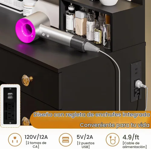 Vista 5 de DINGIPP Escritorio de tocador con espejo y luces, escritorio de maquillaje con 9 cajones y asas de cristal, tocador de dormitorio con toma