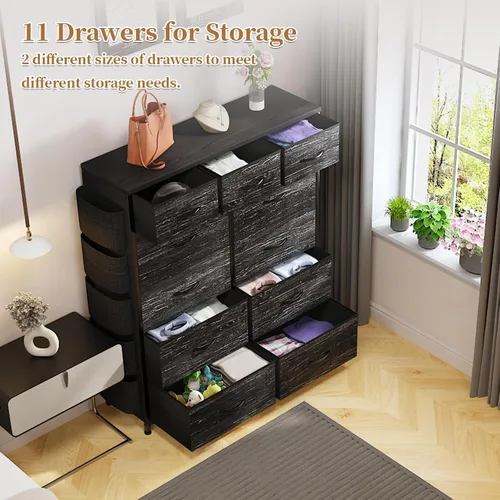 Vista 22 de Cómoda de almacenamiento de tela con 11 cajones para organización del dormitorio, cómoda con estantes profundos, bolsillos laterales y ganchos, Negro