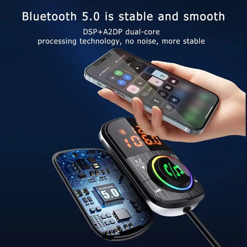 Vista 4 de Transmisor FM Bluetooth para coche, Bluetooth para Carro/adaptador de audio con cargador de coche dual, compatible con doble pantalla digital