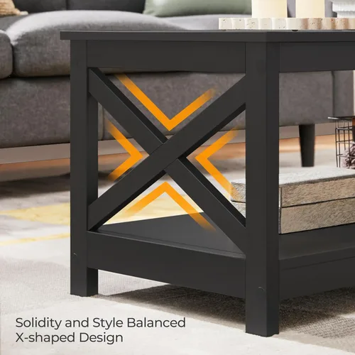 Vista 6 de Yaheetech Mesa de centro negra de madera de 2 niveles con estante de almacenamiento para sala de estar, mesa de cóctel con diseño en X, muebles