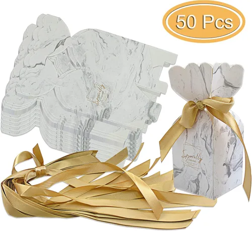 Vista 3 de Lontenrea 50 cajas de dulces para boda, fiesta de cumpleaños, caja de regalo con 50 cintas doradas para decoración