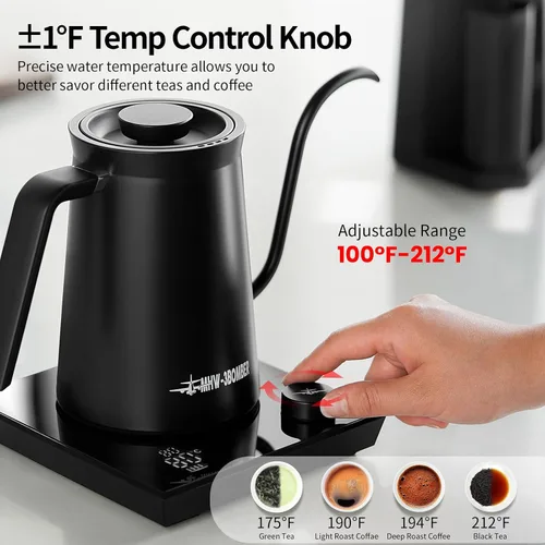 Vista 12 de MHW-3BOMBER Hervidor eléctrico de cuello de cisne, tetera de control de temperatura de ± 1 ℉ con pantalla LED y flujo vertical de 90°, sin BPA