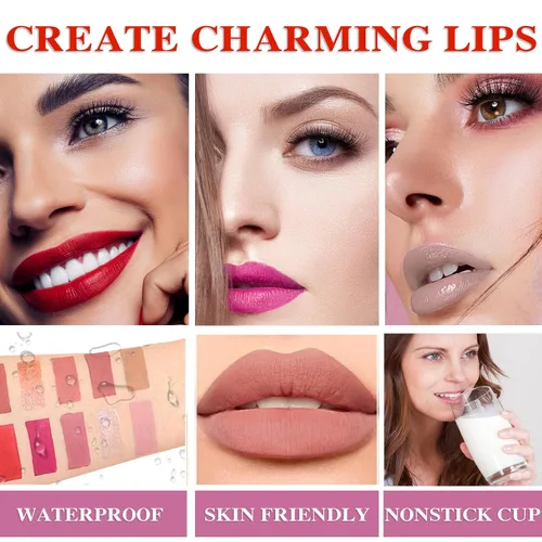 Vista 4 de Lápiz labial líquido de 12 colores, tinte de labios, mate de larga duración, impermeable, juego de brillo labial para crear maquillaje de labios