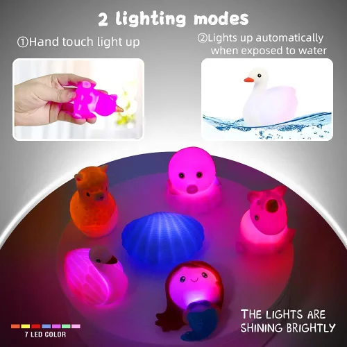 Vista 4 de Juguetes de baño para niños pequeños de 1 a 3 años, sin agujeros, bonitos juguetes de bañera de goma flotante con luz LED colorida intermitente
