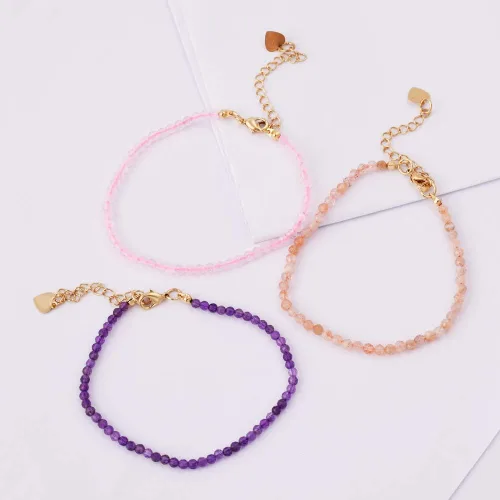Vista 3 de Pulsera de cuentas facetadas de piedra natural auténtica de 0.118in, ajustable, hecha a mano