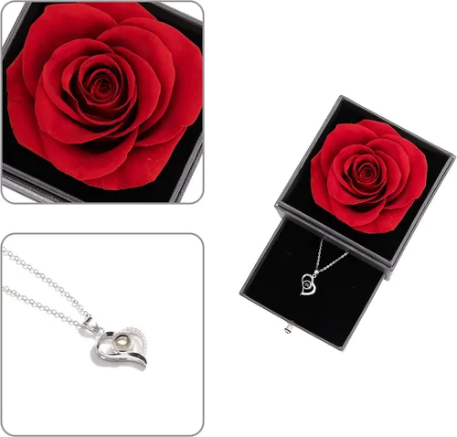 Vista 2 de Hyindoor Collar con 100 idiomas diseño de rosa eterna caja de joyería de flores eternas regalo de cumpleaños día de San Valentín cumpleaños día