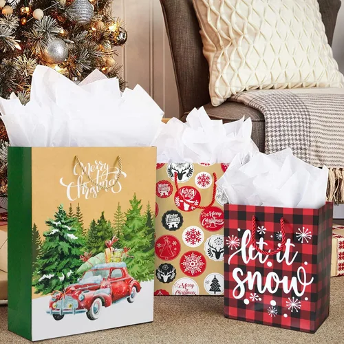 Vista 2 de Party Funny 24 bolsas de papel de regalo de Navidad a granel con asas y 60 etiquetas de regalo de Navidad, varios tamaños para envolver regalos