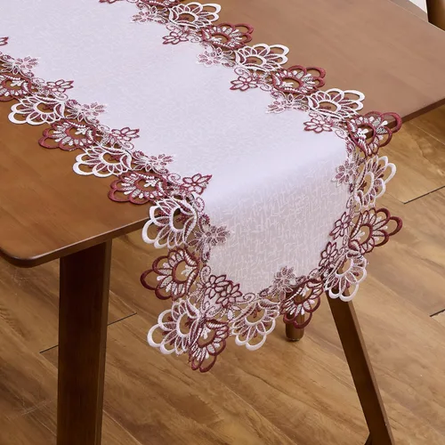 Vista 11 de Camino de mesa de lino de encaje rojo oscuro blanco de 36 pulgadas de largo, bufanda de aparador claret, decoración de mesa para Navidad, cocina