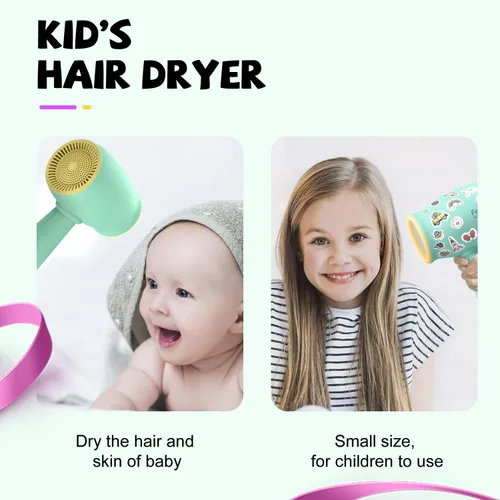 Vista 2 de Feekaa Secador de pelo para niños, calor suave de bajo ruido para la piel de los niños, regalo para cumpleaños de niños, Navidad, amarillo-verde