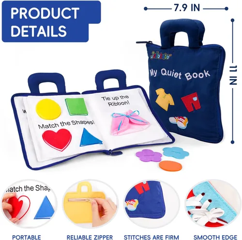 Vista 6 de Jollybaby Libros suaves y ocupados de 10 páginas, mi libro tranquilo, juguete de viaje y educación sensorial Montessori, juguete de actividades