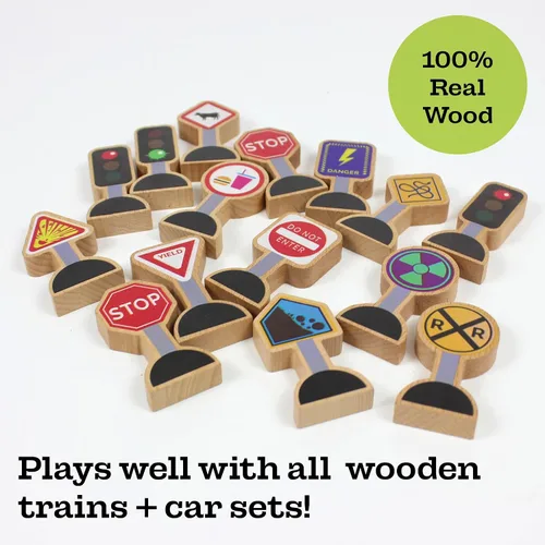 Vista 6 de 15 piezas – Señales de tráfico de madera para niños – Señales de calle Zany para alfombras de juego, trenes de juguete y autos – Señales de calle