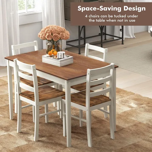 Vista 7 de Giantex Juego de comedor de 5 piezas para 4, mesa rectangular de madera maciza y 4 sillas con patas de madera de goma, juego de mesa de cocina