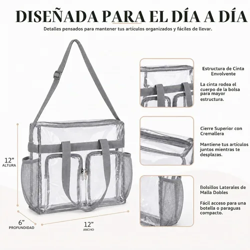 Vista 9 de ZENPUNK Bolsas transparentes aprobadas para estadios con cierre de cremallera, bolsa cruzada con correa ajustable Gris