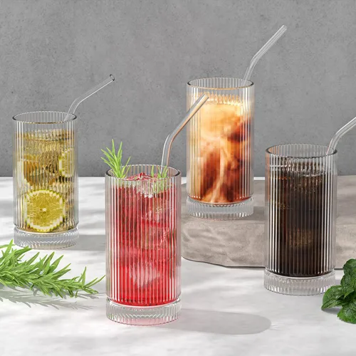 Vista 4 de CWHHRN Vasos de vidrio de 15 onzas con pajitas, cristalería vintage para whisky, cóctel, cerveza, tazas de café helado y vasos para beber
