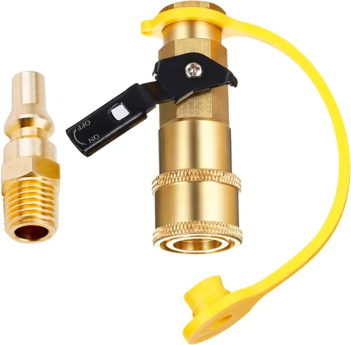 Vista 2 de Adaptador de conexión rápida de propano RV de 1/4 pulgadas para manguera de propano, válvula de cierre y enchufe de flujo completo, LP o gas natural