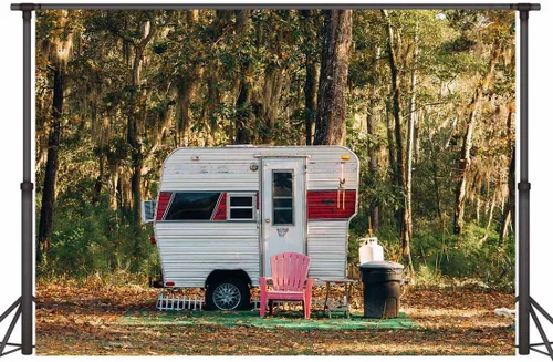 Vista 4 de Fondo de campamento para fiesta, campamento, 5 x 3 pies, bosque soleado, caravana, remolque, paisaje de naturaleza, fotografía de fondo, utilería