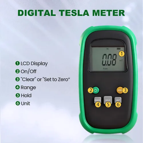 Vista 2 de TES12A Gauss Tesla Tester Digital Gauss Meter Surface Magnetic Field Meters Metal Probe Guassmeter with NS Function