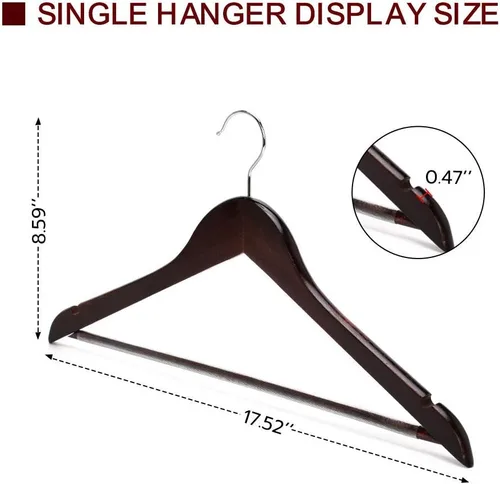 Vista 4 de Perchas para abrigos, paquete de 18 perchas de madera maciza para trajes con hombro cortado con muescas, barra antideslizante para pantalones, Nogal