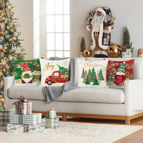 Vista 2 de Bonhause Juego de 4 fundas de almohada de gnomos de Navidad de 18 x 18 pulgadas, diseño de árbol de Navidad, camión rojo, para sofá, hogar