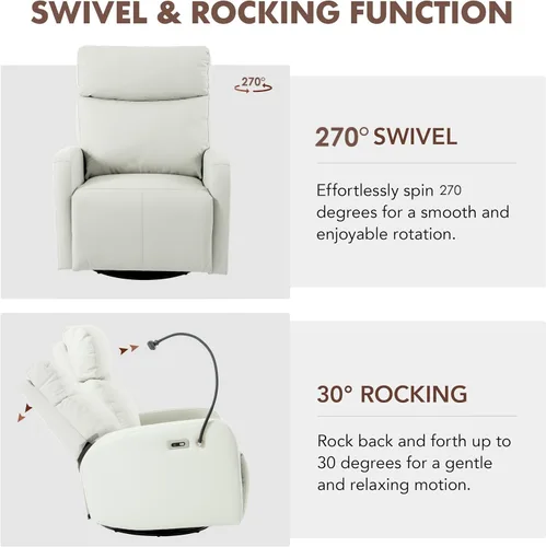 Vista 5 de Mecedora reclinable giratoria, mecedora de 270° con puertos USB para sala de estar, guardería, oficina, dormitorio, respaldo ergonómico, mecedoras