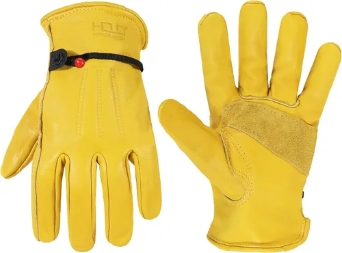 Vista 23 de HANDLANDY Guantes de jardinería de cuero para hombre, guantes de trabajo utilitarios para mecánicos, construcción, conductor