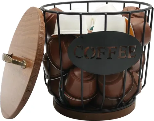 Vista 2 de Soporte redondo para cápsulas de café con tapa y base de madera, cesta de almacenamiento de cápsulas de café de alambre para decoración del hogar